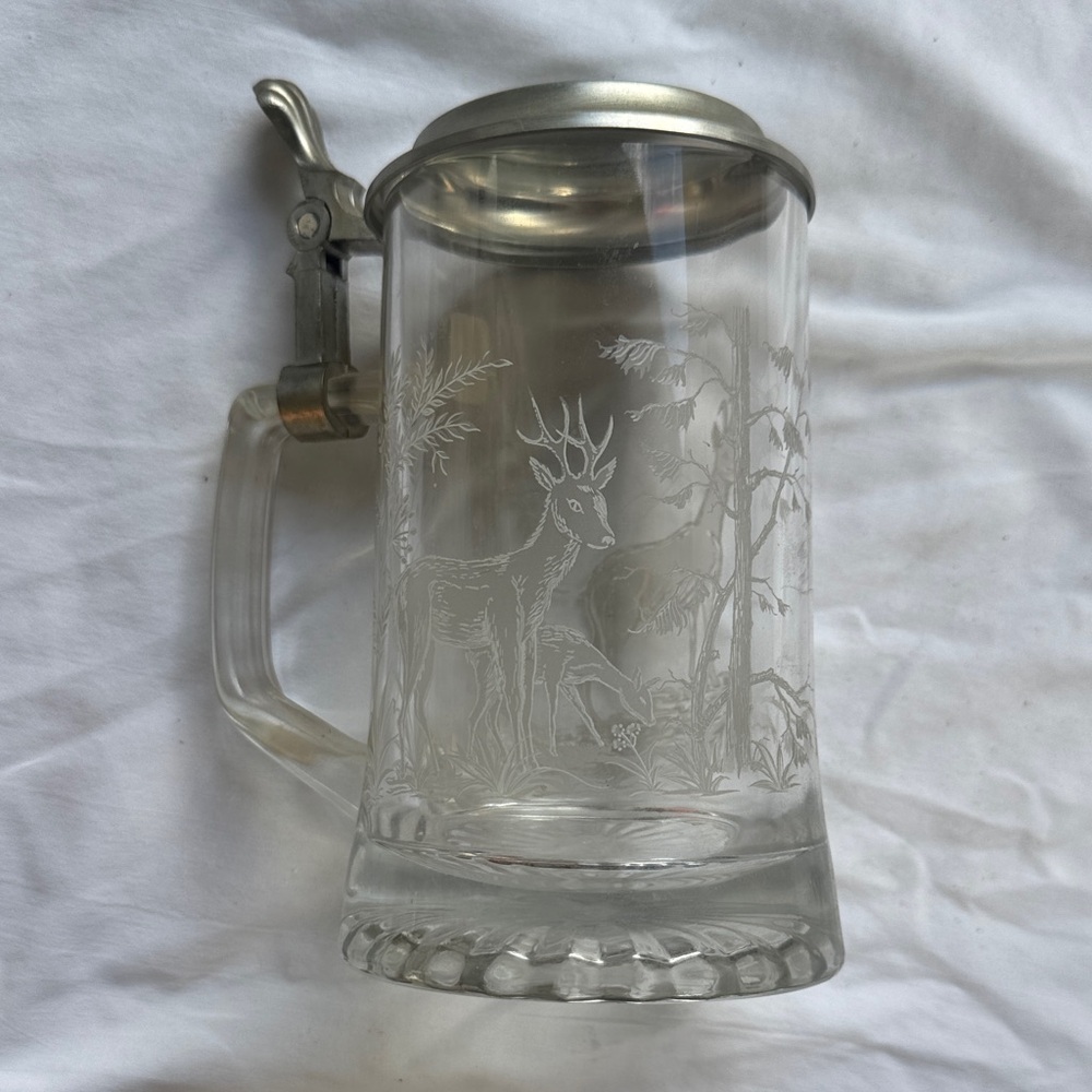 Vintage West Germany Glass Beer Stein with Etched Rustic Deer Scene by ALWE